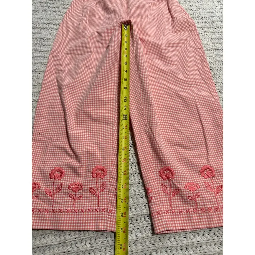 VTG Talbots Stretch Crop Pants Plaid Embroidered Flowers Womens 8P Coral White